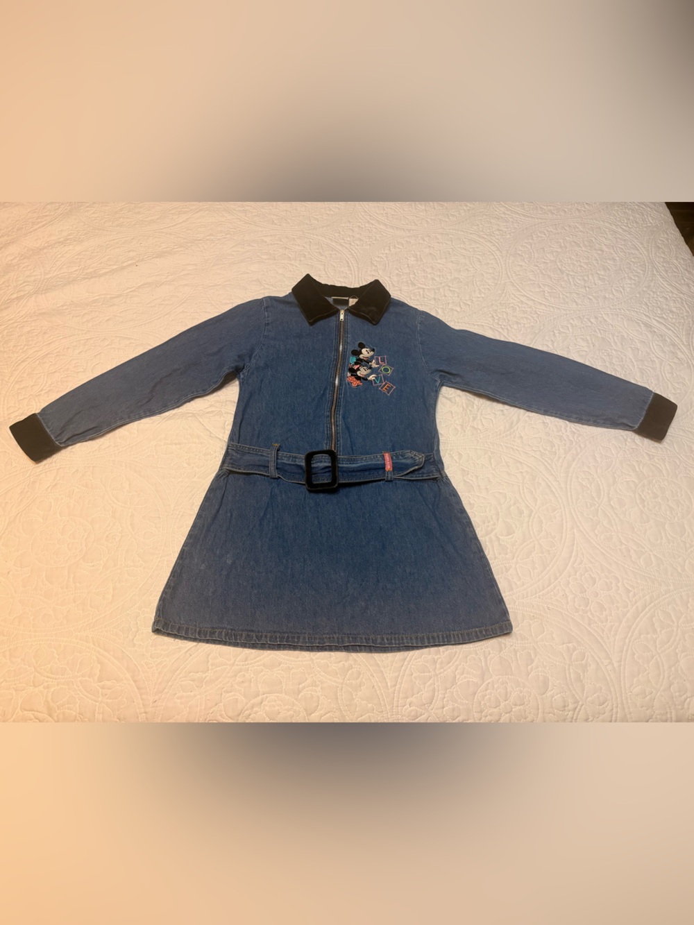 Vintage Disney Mickey & Co Denim Dress Zip Front Velvet Trim-Size Girls S (7/8)